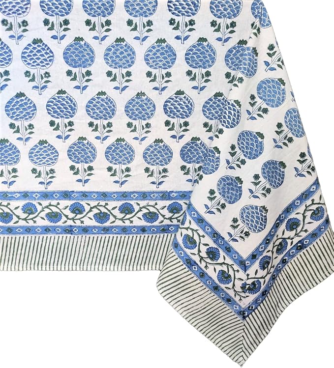 ATOSII Roma Blue 100% Cotton Boho Rectangle Fall Tablecloth, Handblock Floral Print Table Linen for Kitchen Dining I Parties, Outdoors, Weddings, Christmas, Thanksgiving I 72 X 120 Inches I 10 Seater