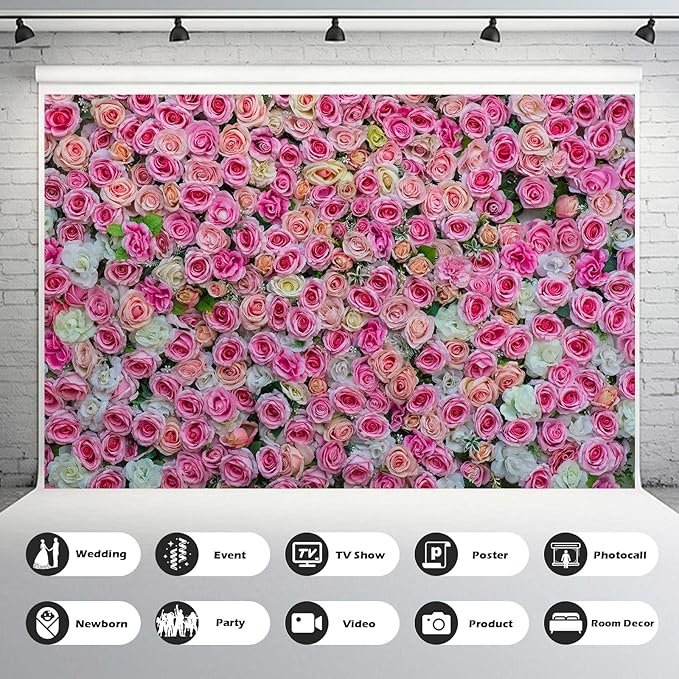 Pink Rose Flowers Theme Photography Backdrop Baby Shower Wedding Happy Birthday Photo Background Dessert Cake Table Floral Decoration Supplies Studio Props Decor Background 15x10ft