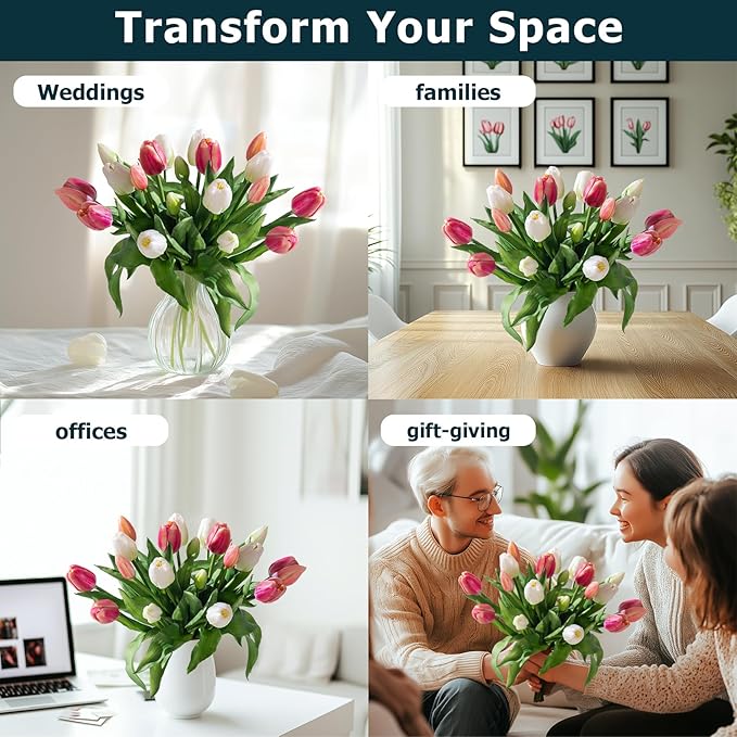 20PCS Fake Tulips Artificial Tulip Silk Flowers Fake PU Bouquet Artificial Flowers Faux Flowers with Gift Box Soft Faux Tulips Bouquets Arrangements for Party Wedding Home