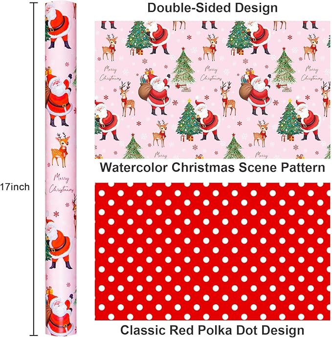 Yarcony Pink Christmas Wrapping Paper, Santa Gift Wrapping paper, Reversible Vintage Santa Claus, Christmas Tree & Reindeer Festive Holiday Gift Wrap for Present Packaging, Craft (17 Inch X 33 Feet)