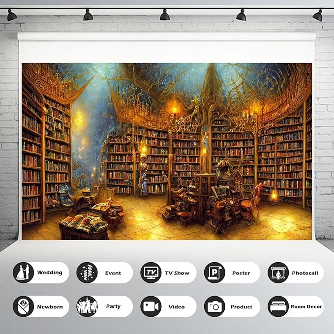 Medieval Fairytale Library Backdrop Vintage Bookshelf Backgrounds Cozy Bookcase Old-Fashioned Library Room Magical Books Photography Background Magic Books Theme Party Decorations Props 20x10ft
