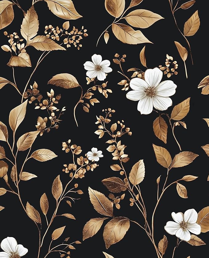 Extra Long Vintage Gold Wallpaper, 17.5" x 393" Classic Black and Gold Floral Self-Adhesive Vinyl Contact Paper for Bedroom, Powder Room, Countertop, Removable Antique Dark Metallic Home Decor