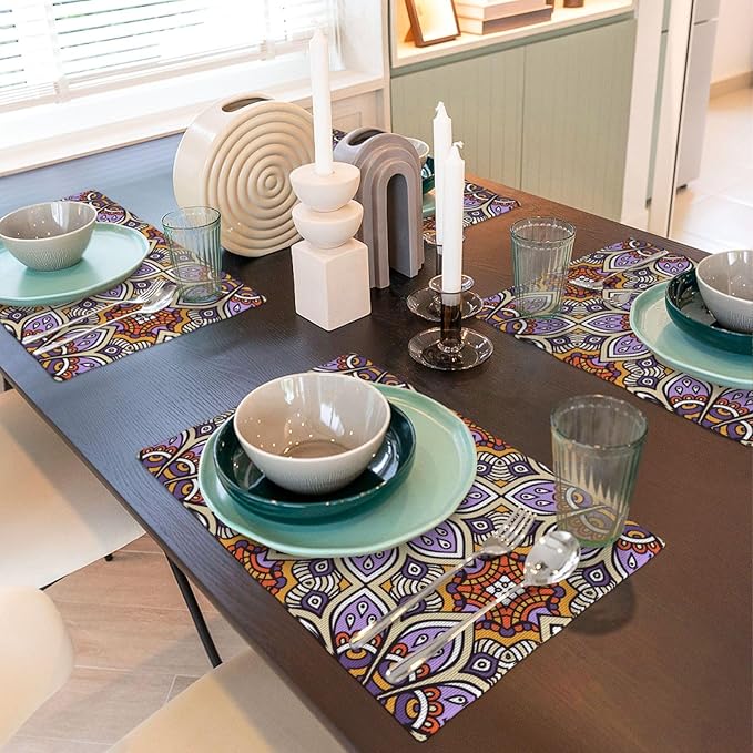 Placemats 4 pcs Mandala Double-Layer Imitation Linen Place Mats Non-Slip Heat-Resistant Tablemats for Home Restaurant Hotel 18×12 Inch