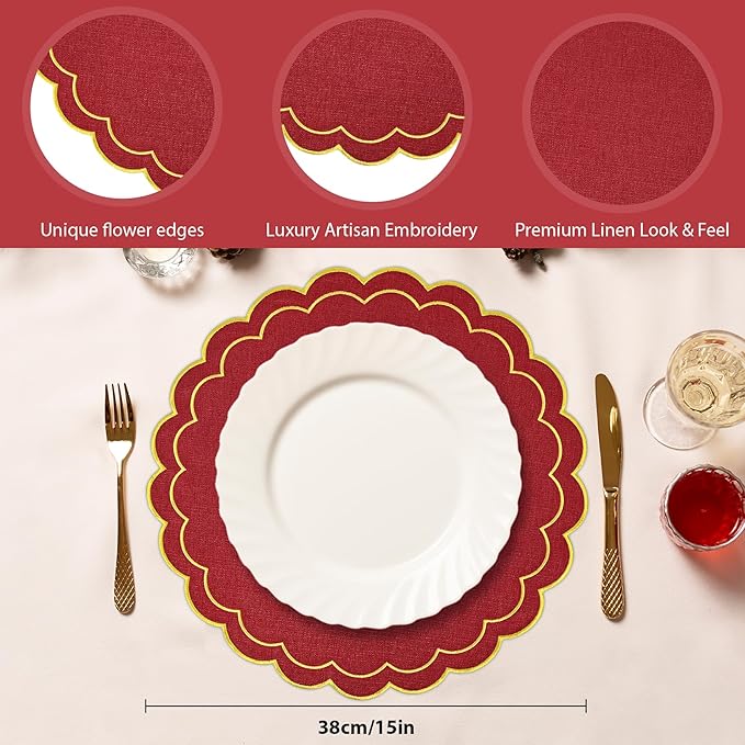 Set of 6 Christmas Round Placemats, 15 Inch Red Gold Christmas Cotton Linen Placemats with Scalloped Embroidery Edge Double Layered Washable Wrinkle Free Cloth Table Mats for Xmas Table Decor