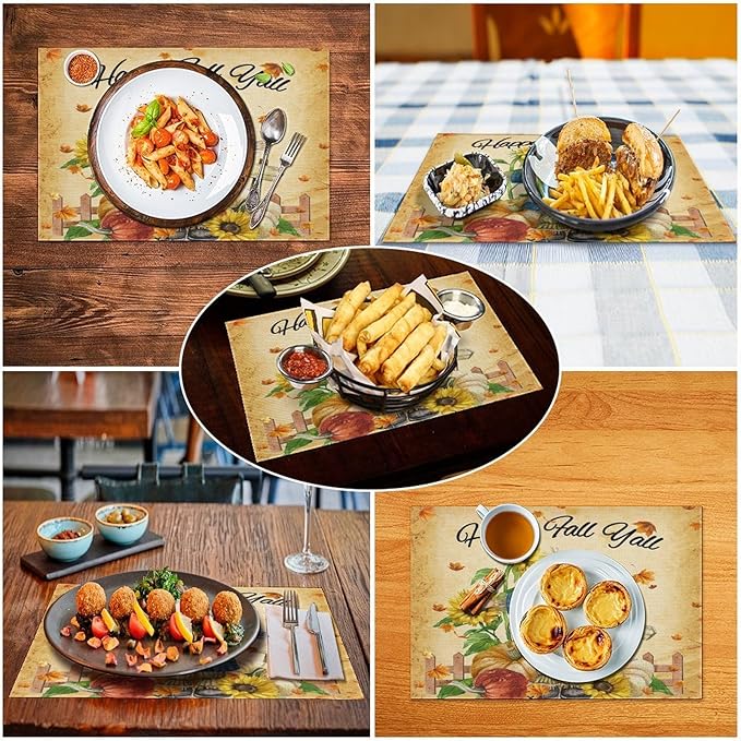 Autumn Scarecrow Placemats Farmhouse Rustic Vintage Brown Sunflower Pumpkin Flower Maple Thanksgiving Placemats Table Kitchen Dining Party 12x18 Inch Set of 4