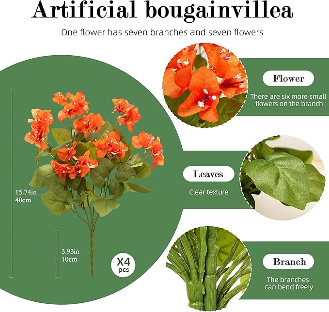 4 Pcs Artificial Flowers Bougainvillea Outdoor Artificial Plants Faux Flowers with Stems Silk Flowers for Wedding Porch Living Garden Decor(4PCS,Orange)