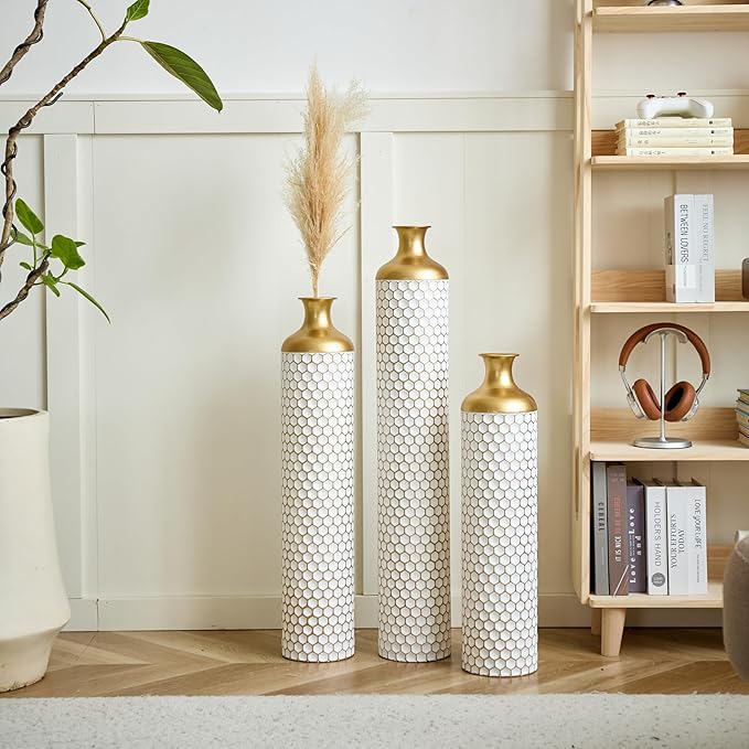 Floor Vases, Tall Home Decor Metal Vase Set of 3 Large Glazed Decorative Vases for Wedding Decor, Elegant Modern Flower Holder for Living Room, Entryway, Hallway, Dining Room
