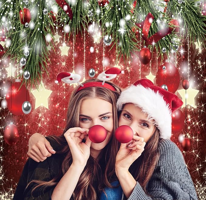 SJOLOON Christmas Backdrops Red Ball Theme Background Shining Stars Background New Year Backdrop for Christmas Party Decoration Banner Photo Shoot 12364 (8x8FT)