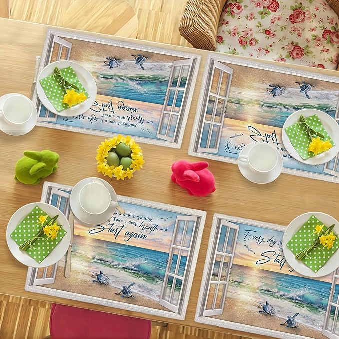 Beach Sea Turtle Placemats Set of 6 Coastal Ocean Table Mats Washable Place Mats for Home Party Indoor Kitchen Dining Table Decoration 12x18 Inch