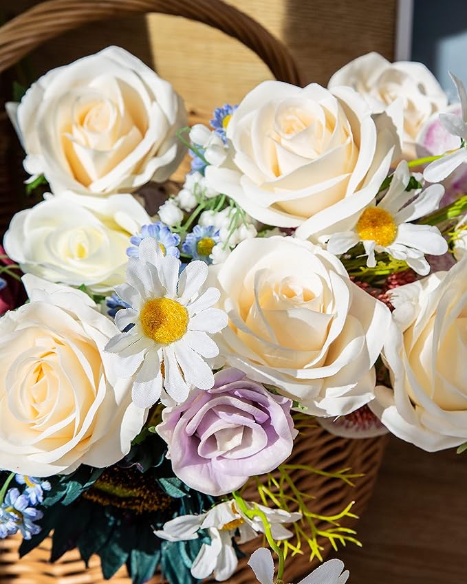 DuHouse 10pcs Fake Roses Artificial Silk Flowers Faux Rose Flower Long Stems Bouquet for Arrangement Wedding Centerpiece Party Home Kitchen Decor (Light Champagne)