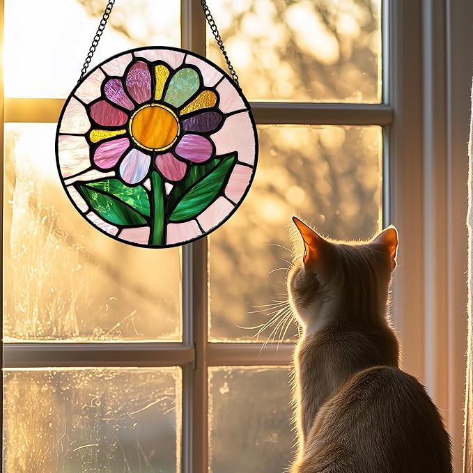 Stained Glass Window Hanging 4 Pcs Set Pink Floral Theme 6.3" - Flowers Suncatcher Door Garden Sun Catcher Decor Birthday Christmas for Mom Woman Nana Men Friend