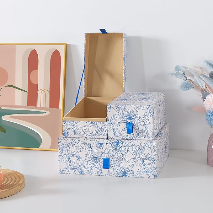 Soul & Lane Blue Floral Decorative Boxes with Hinged Lids and Blue Ribbon Pull - Sapphire Bloom, Set of 3 (One Large and Two Medium Boxes), Cardboard Storage for Photos, Documents, Keepsakes