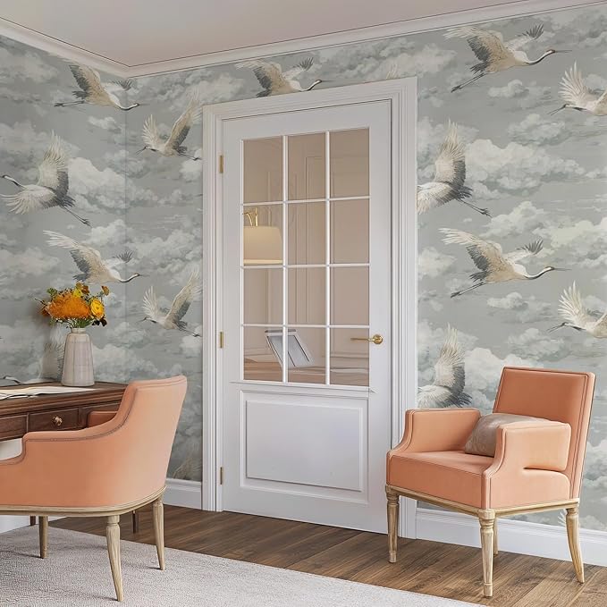 Peel and Stick Vintage Chinoiserie Animal Wallpaper Removable Grey Crane 17.7" x 236.22" Wall Paper Watercolor Self Adhesive Contact Paper for Classroom Bedroom Laundry Room Bathroom