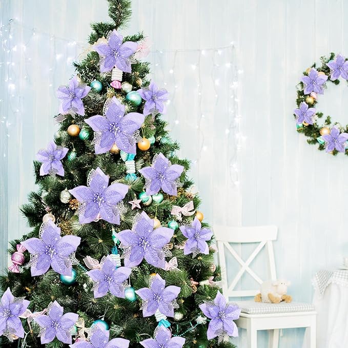WILLBOND 36 Pieces Christmas Poinsettia Glitter Faux Flowers Christmas Artificial Flowers Tree Ornaments Topper Xmas Decorations(Purple)