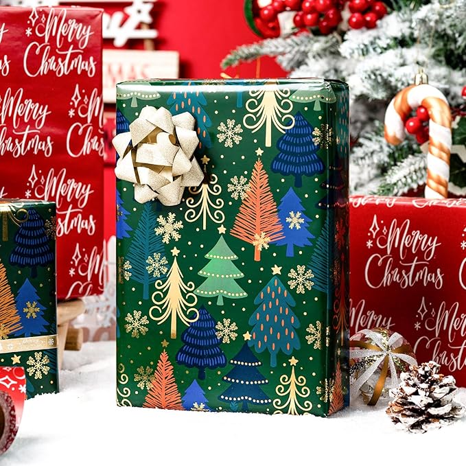 MAYPLUSS Christmas Wrapping Paper Roll - 17 Inch X 33 Feet - Green Gift Wrapping Paper Christmas Tree Snowflake Reversible Red for Holiday Party New Year Kids