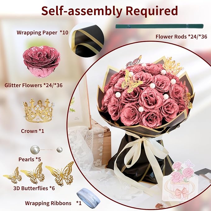 Glitter Roses Bouquet, Shiny Artificial Roses Flowers with Stems DIY Fake Glitter Flowers Bouquet for Valentine's Day, Mother's Day, Anniversary, Graduation, Birthday, Wedding, 36 Roses (Rose Gold)