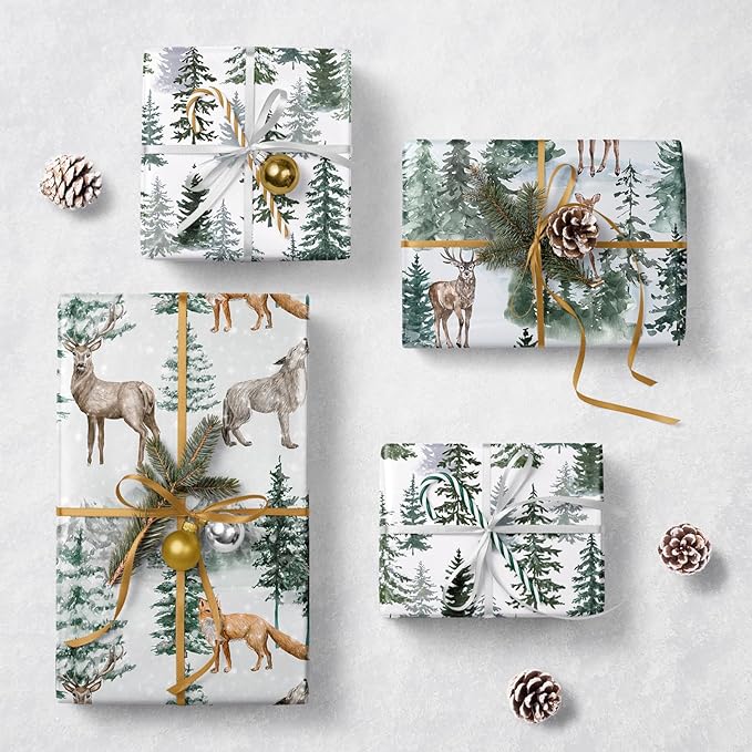 WRAPAHOLIC Kraft Christmas Wrapping Paper Roll - Mini Roll - 3 Rolls - 17 Inch x 120 Inch Per Roll - Watercolor Elk, Wild Animal and Winter Forest Landscape Holiday Collection