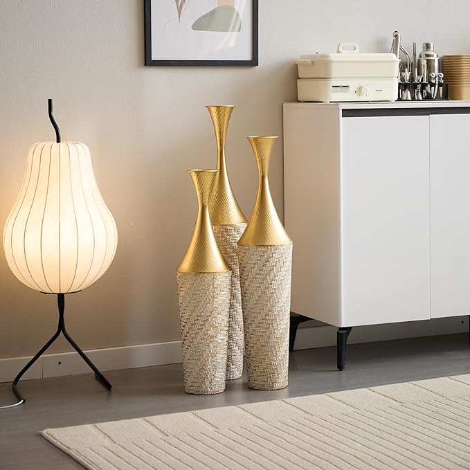 Floor Oversized Gold Metal Decorative Vase with 3D Triangle Pattern Set of 3 Large Vases for Home Living Room 33.5 ", 29.5 ", 25.2" High (Champagne)