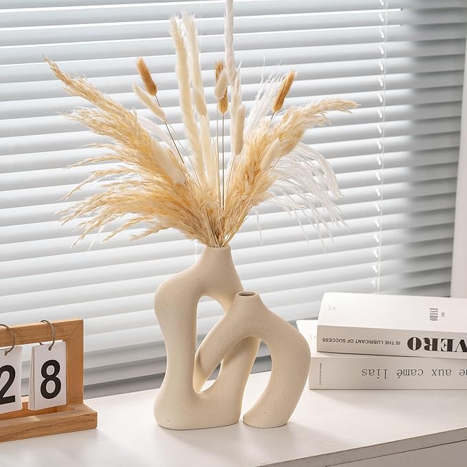 Ceramic Vase Set of 2, Farmhouse Decor Cream White Cute Vases for Home Kitchen Bedroom Office Living Room Centerpiece Table Shelf Desk Decorations, Housewarming Gifts for Women Men