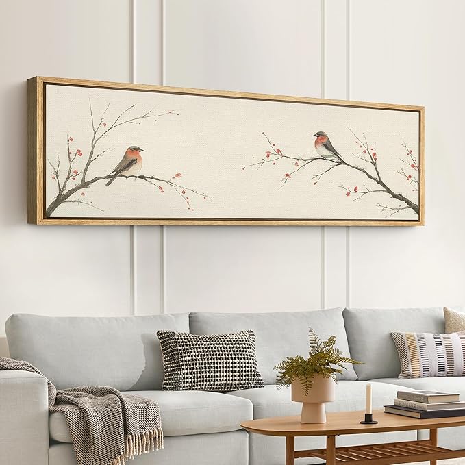 SIGNFORD Large Framed Canvas Print Wall Art Minimalist Birds on Branches with Red Berries Illustrations Modern Art Relax/Calm Warm for Living Room, Bedroom, Office - 60"x20"