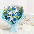 Blue Crochet Flower Bouquet, Blue Knitted Flowers Rose Crochet Bouquet Handmade for Wedding, Anniversary, Christmas, Graduation Crochet Gifts for Women (Includes Card)