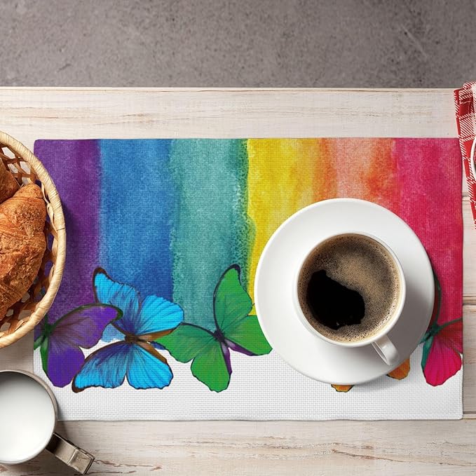 Rainbow Butterfly Placemats Set of 6,Colorful Butterfly Kids Girls Birthday Party Decor Washable for Kitchen Dining Table Heat Resistant Decorative Colth Table Mats 6 PCS, Style-2