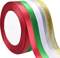 5 Rolls 125 Yards Christmas Ribbons, 10mm Wide Metallic Glitter Fabric Holiday Festival Satin Ribbons for Christmas Gift Wrapping Decoration