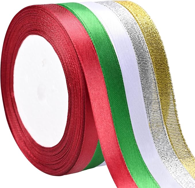 5 Rolls 125 Yards Christmas Ribbons, 10mm Wide Metallic Glitter Fabric Holiday Festival Satin Ribbons for Christmas Gift Wrapping Decoration