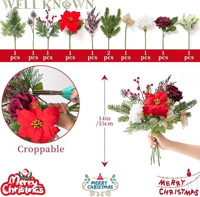11 Pcs Artificial Christmas Flowers Bouquet Pine Branches 14" Red Poinsettias FLowers Faux Greenery Spary Stems Red Berry Pine Cones Fake Cedar Picks for DIY Crafts Tabletop Winter Home Party Decor