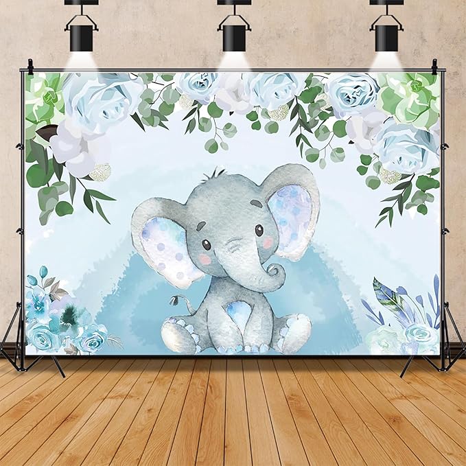 AOFOTO Flowers Baby Elephant Backdrop Light Blue 12x8ft Boy Gender Reveal Party Decorations Sweet Floral Baby Shower Photo Shoot Background for Photography Kids Child Birthday Photo Studio Props Vinyl