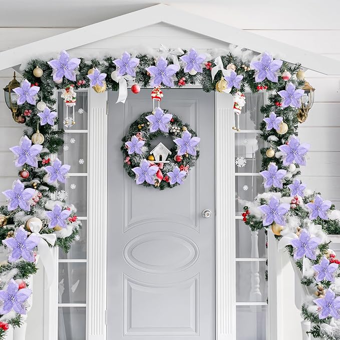 Boao 24 Pieces Christmas Artificial Glitter Poinsettia Flowers Xmas Flowers Wedding Christmas Tree New Year Ornaments(Light Purple)