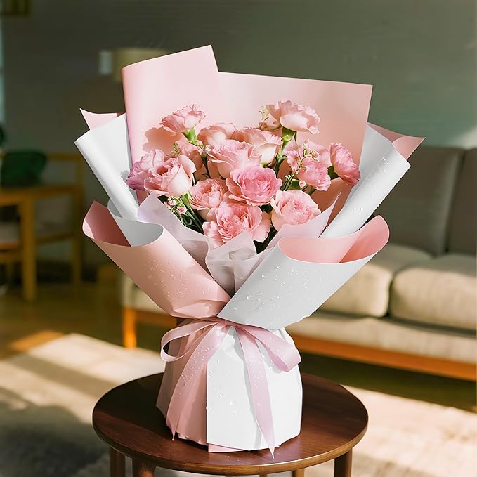 WRAPAHOLIC 20 Sheets Flower Wrapping Paper - 22.4 x 22.4 inch Pink White Color Water-Resistant Floral Bouquet Wrapping Paper, Florist Supplies Packaging for Wedding Birthday Gift DIY