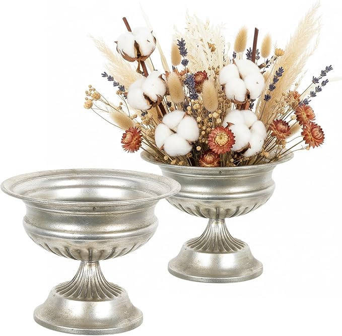 WORTH Small Urn Vases for Centerpieces Set of 2, Classic Metal Trumpet Flower Pots for Table, Bowl Vase for Wedding Party Event Home Deco (Silver, 7.8" Dia x 6.1" H)