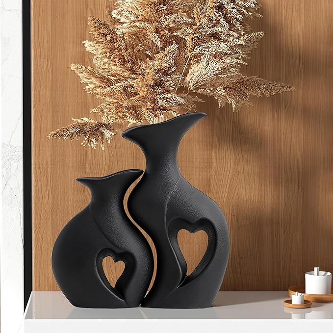 Black Ceramic Vase Set of 2,Filled with Love,Modern Minimalist Bohemian Vases Home Decor，Heart Shape Matte Ceramic Vases for Dinner Table Bookshelf Modern Home Console