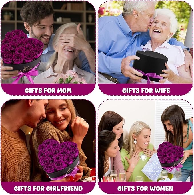 Forever Flowers, 16 Purple Preserved Rose in Heart Shape Box for Delivery Prime,Gifts for Women Grandma Wife Sisiter, Eternal Rose Box Rose Gifts for Mom Birthday