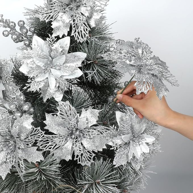 Sawowkuya 22 Pcs Silver Christmas Poinsettia Artificial Flowers and Glitter Berries Stems Kit, Christmas Poinsettias Decorations and Christmas Tree Ornaments for Xmas Home Wedding Holiday Tree Decor