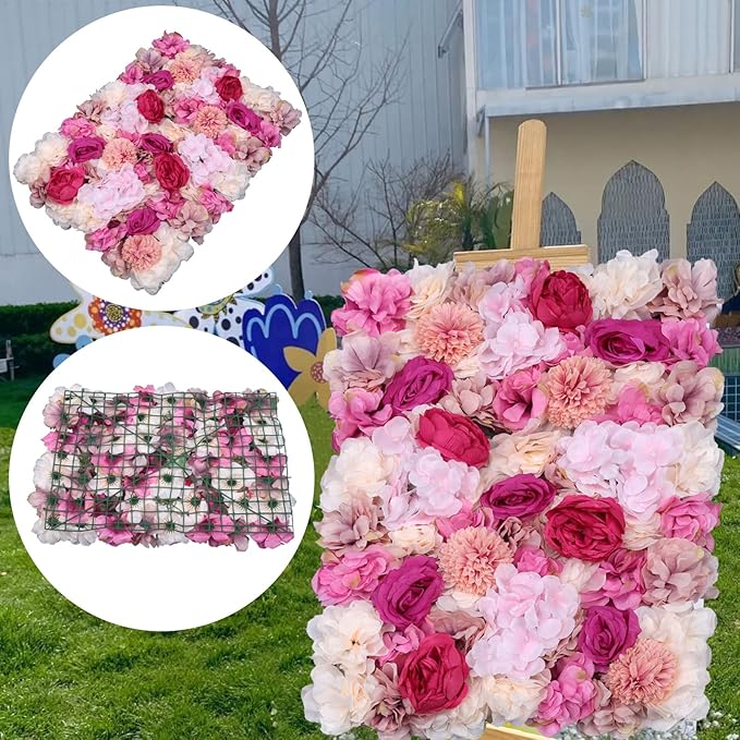 6PCS Flower Wall Panel Set, Artificial Wall Flower Backdrop,Artificial Flower Wall Mat Silk Rose Flower Panels,Hydrangea Rose Floral Panel for Party Wedding