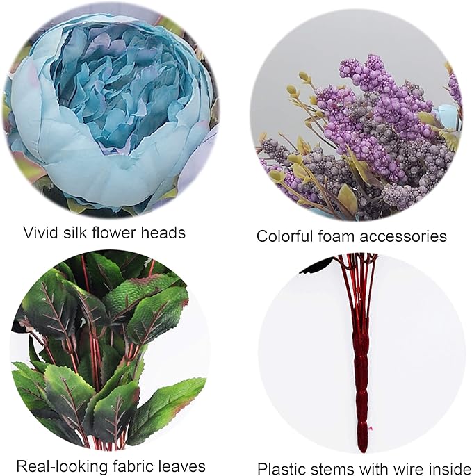 1pcs Artificial Peony Bouquet,19 Inch Silk Peony Bunch with 7 Faux Flowers,Classical Style Artificial Flowers with Leaves and Ornaments for Wedding,Home Décor Centerpieces(Blue)