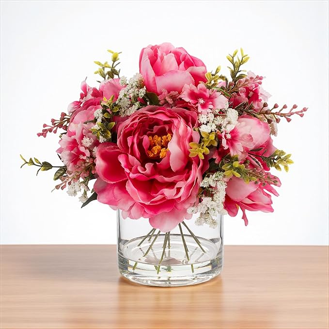 ENOVA FLORAL Artificial Silk Flower Arrangement with Vase,Mixed Artificial Silk Peony Flower in Vase for Decoration Home Office, Wedding Centerpiece (Fushia)
