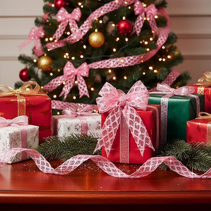 Geosar 20 Yards Pink Glitter Mesh Wired Ribbon for Christmas Tree Decorations, Gift Wrapping, DIY Craft, Xmas Wreaths, Cabinet Decor (1.5 Inch)