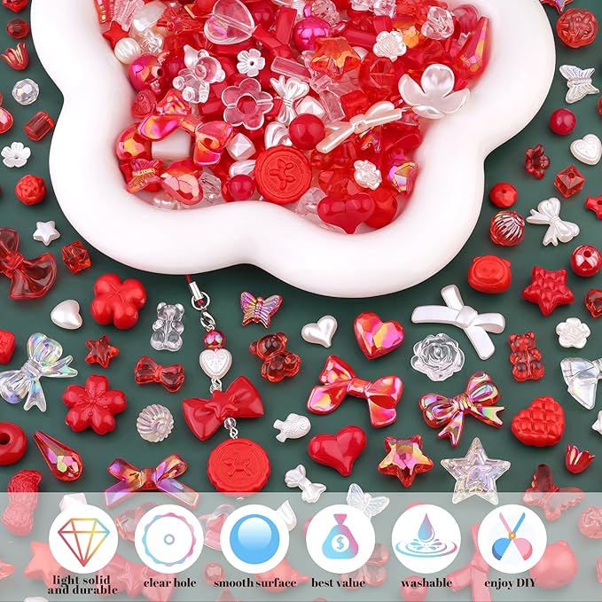 Assorted 200-260PCS Red Acrylic Beads for Bracelet Making, Flower Bow Candy GummyBear Bracelet Charms,Cute Beads for Jewelry Making DIY Necklace Keychain Phone Charm Christmas Gift