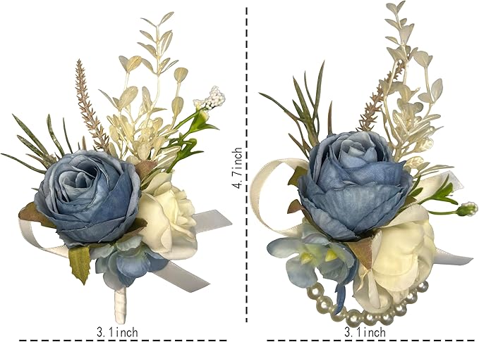 Corsage and Boutonniere Set Corsage Wistlet Dusty Blue Corsage Wrist Artificial Flower Perfert for Proms | Weddings for Bride,Bridesmaids, Groom,Groomsmen Decor (Dusty Blue)