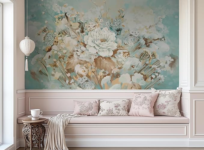 Vintage Floral Wall Mural – Large White Peony Bloom on Blue Background, Removable Peel and Stick Wallpaper for Dining Room, Living Room, or Bedroom Decor