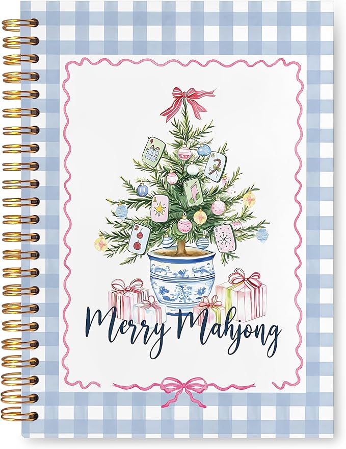 VIIJJUE Merry Mahjong Chinoiserie Christmas Tree Notebook Journal, Blue and White Christmas Journal, Xmas Checkered Holiday Hardcover Spiral Notebooks, 5.5x8.3 Inch