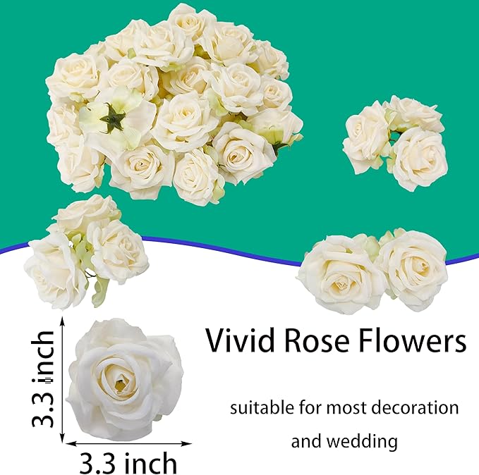 Artificial Satin Rose Flower Heads,48 Pcs Silk Rose Heads with Stems,3.3'' Rose Artificial Flowers Bulk,Artificial Rose Flower Heads for DIY Crafts Bouquet (48, Ivory)