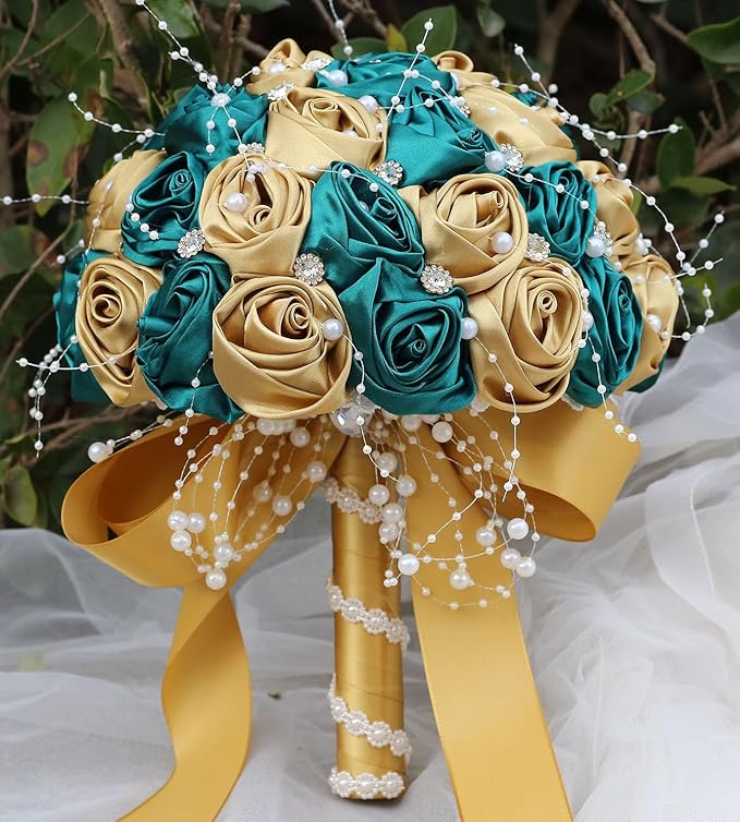 Bridal Wedding Bouquet Round Bling Brooch Bouquet Throw Toss Artificial Rose Flower Bunch for Bride Bridesmaid Wedding Quinceanera(Dark Green & Gold, 6.3")