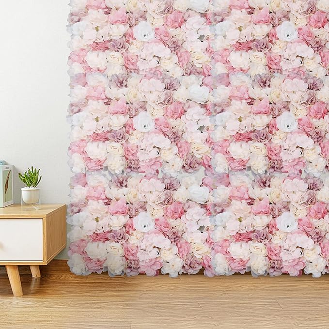 15.74"x 23.62" Artificial Flower Wall Panels,Flower Wall Mat Silk Flower Panels for Outdoor Garden Backyard Fence Fence Privacy Screen and Indoor Wall Decor (12Pcs Pink+White)