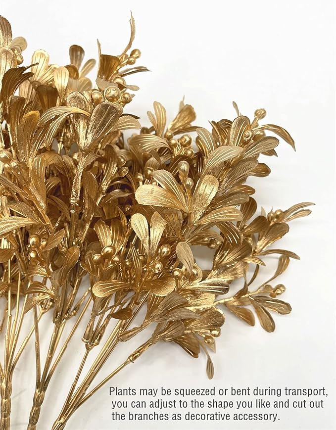 PASYOU Fake Plants Christmas Decorations, Golden Artificial Flowers Plastic Grass Shrubs Leaves Indoor Outdoor Home Garden Party Hotel Verandah Wedding Event Bouquet Faux DIY Decor - Gold 4 Pack