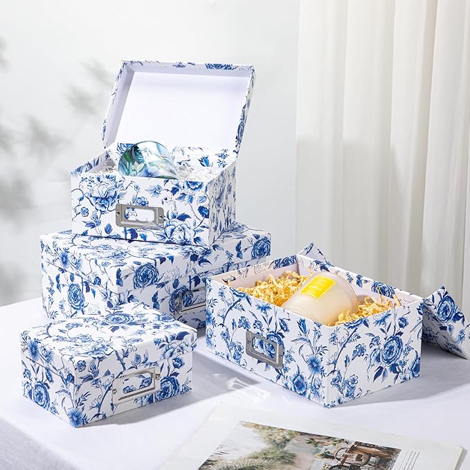 Briful Blue and White Porcelain Storage Boxes with Lids, Set of 4 – Chinoiserie Decorative Nested Card Photo Storage Box Organizer, Paperboard Box for Closet, Office, Gifts