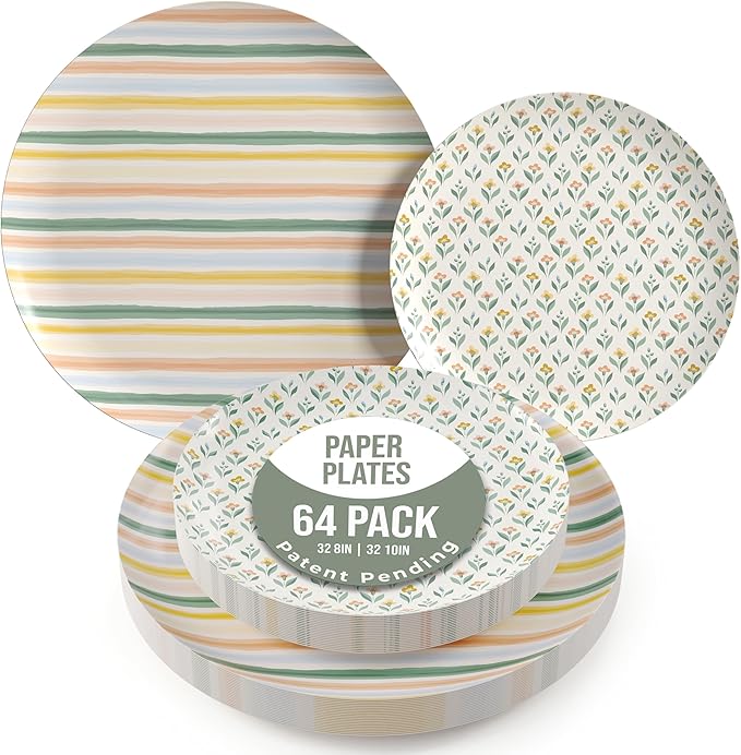 Trendables Heavy Duty Paper Plates Set For 32 Guests - 32 Each Of 8-inch And 10-inch Disposable Plates For Party - Fancy 64 Piece Dinnerware Set For All Occasions | Floral Design, Folk